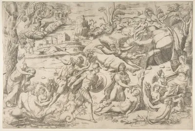 Mars and Rhea Silvia: in the centre Mars holds a shield and sword, Rhea Silvia sleeping, Apollo in his chariot upper left
