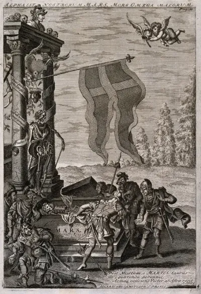 Mars lies in his monumental tomb and is surrounded by soldiers