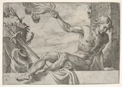 Mars, seated on a wall and holding a flame in his right hand, with armor below