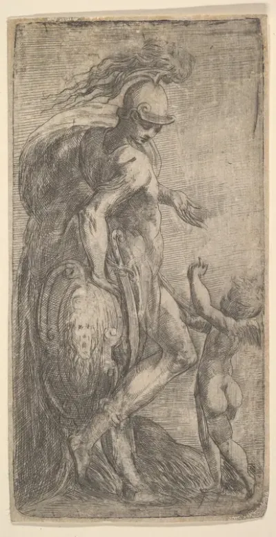 Mars standing at the left leaning on a shield, Cupid at the right