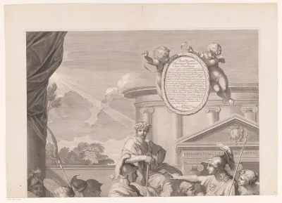 Mars steekt zijn zwaard in de vlammen voor een tempel (bovenste deel)