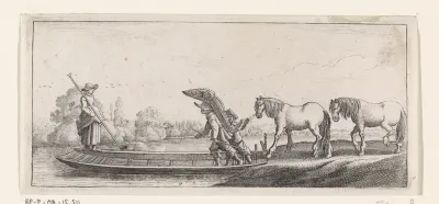 Marskramer en twee paarden op een veerboot