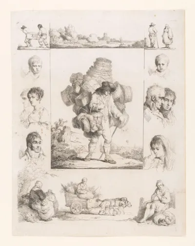Marskramer in een rand van portretten, figuren en een landschap