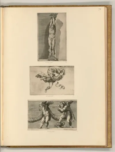 Marsyas; Amor; Girlande mit zwei Putten, einer hält eine Maske