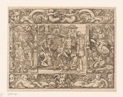 Martelaarschap van de heilige Laurentius, in een omlijsting met David en Goliath en Jael en Sisera