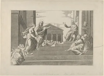 Martha leading Mary Magdalene up a flight of stairs to Christ who is seated at right at the entrance to a temple
