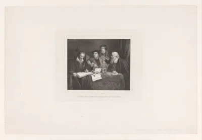 Martin Luther, Philipp Melanchthon, Johannes Bugenhagen en Caspar Cruciger vertalen een bijbel