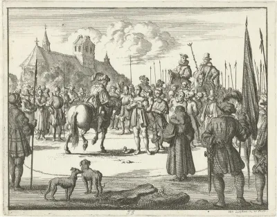 Martin Zehentmayer en zes andere wederdopers, toegesproken door een edelman, op weg naar hun executie te Gmünd, 1529
