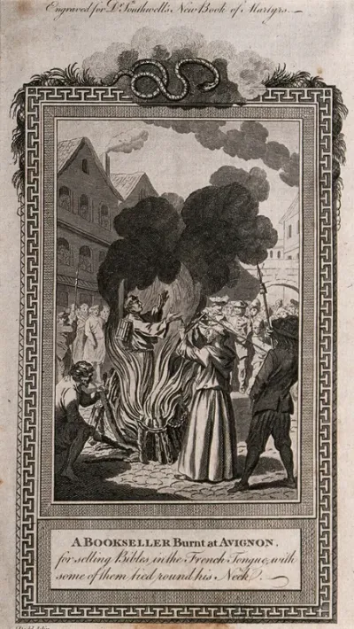 Martyrdom of a French bookseller in Avignon: tied to the stake with books bound around his neck a man raises his hands toward heaven while a priest attends to him and a man stokes the fire of the pyre