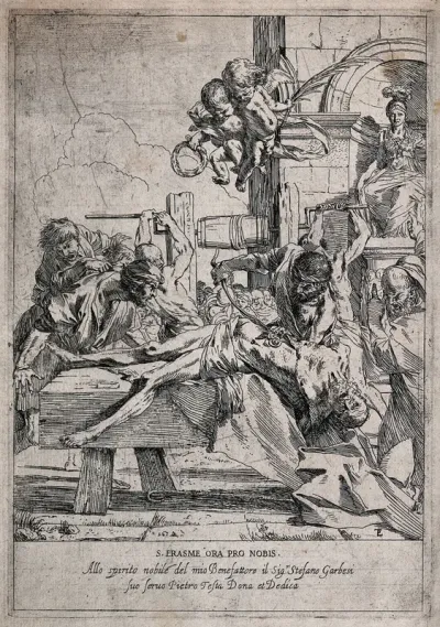 Martyrdom of Saint Erasmus: his intestines are extracted from his body with a windlass