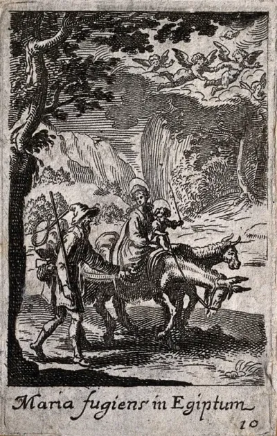 Mary and Joseph ride to Egypt with the infant Jesus