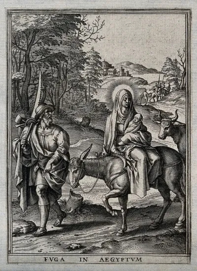 Mary and Joseph ride to Egypt with the infant Jesus