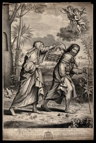 Mary and Joseph walk to Egypt with the infant Jesus