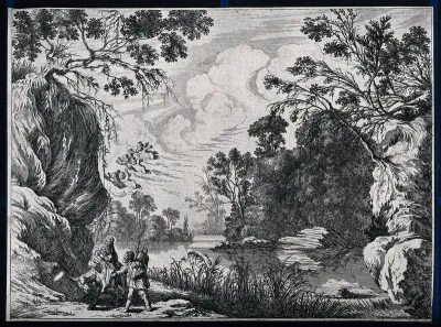 Mary and Joseph with Jesus through a wide landscape to Egypt