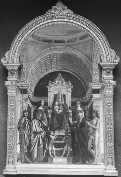 Mary enthroned with the child and six saints