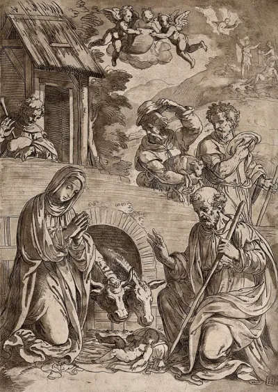 Mary, Joseph, the ass and the ox genuflect before the infant Jesus; shepherds arrive behind