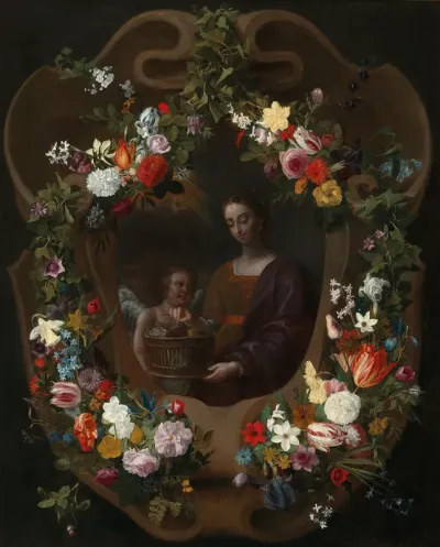 Mary Magdalen with an Angel in a cartouche, surrounded by a floral wreath