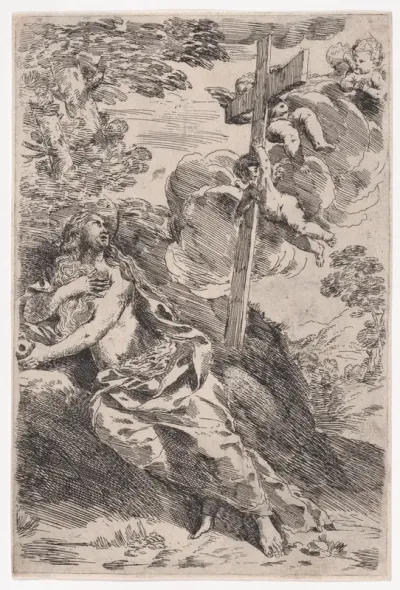 Mary Magdalene in the desert, a cross borne by angels at the right