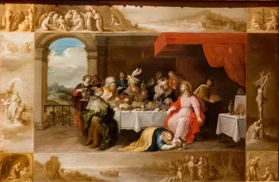 Mary Magdalene washes the feet of Christ in the house of Simon the Pharisee, surrounded by scenes from the life of the saint