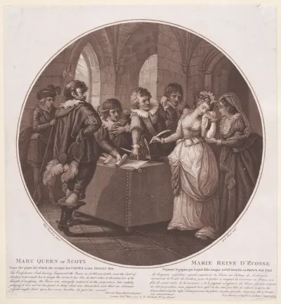 Mary, Queen of Scots signs the paper by which she resigns her crown to her infant son (from "History of England")