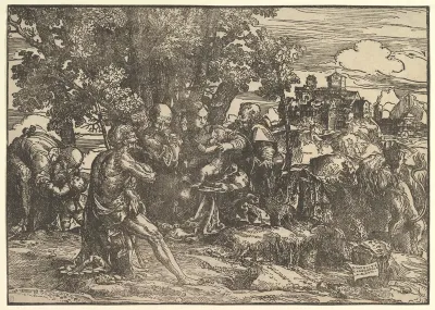 Mary seated beneath trees with baby, flanked by Joseph at left and St. Jerome at right; St. John the Baptist seated in the foreground holding a cross; a man stooping to pick up a child at left; a lion seen from behind at right; a town in the backgrou