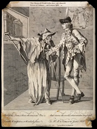 Mary Squires the fortune teller foretells the future to Sir John Hill: she indicates that she has support from the Lord Mayor of London
