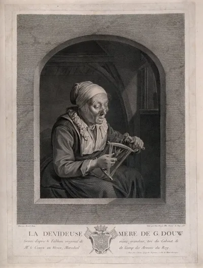 Marytje Jansdr van Rosenburg, the mother of Gerard Dou, winding her bobbin, with a coat of arms below
