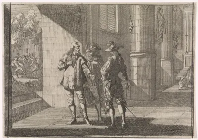 Masaniello praat met twee edellieden in een kerk, 1647