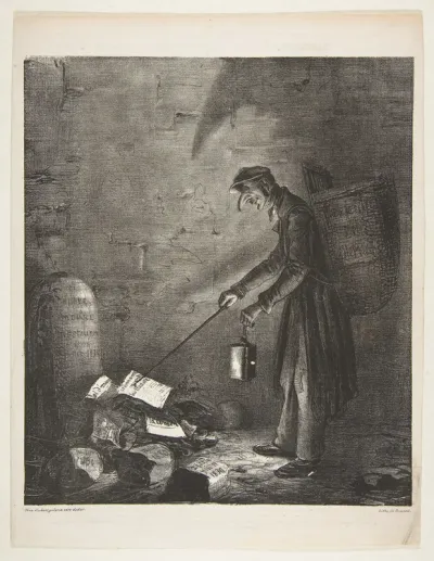 Masked Man using a Lantern to Collect Discarded Pamphlets by a Tombstone, from "Le Charivari"
