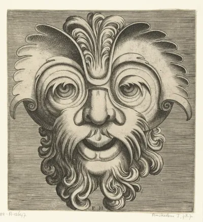 Masker met baard en snor met krullen, een toef krullen rust op de neuswortel
