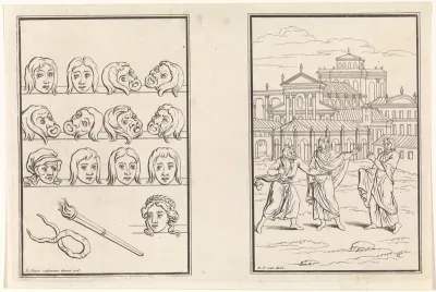 Maskers van personages en een scène uit de komedie Phormio van Terentius