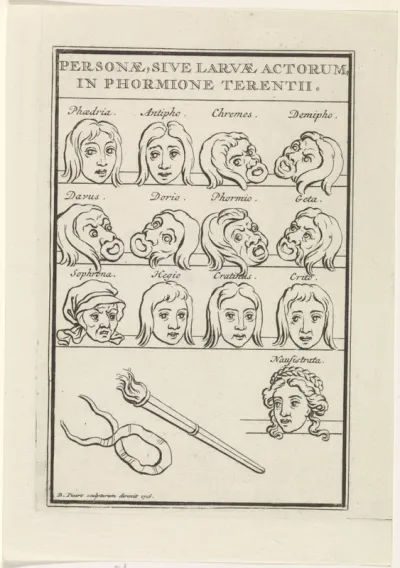 Maskers van personages uit de komedie Phormio van Terentius