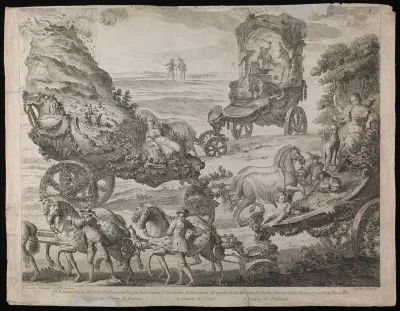 Masque in honour of King Charles III of Spain: three chariots carrying pagan deities of the moon, the earth and fire