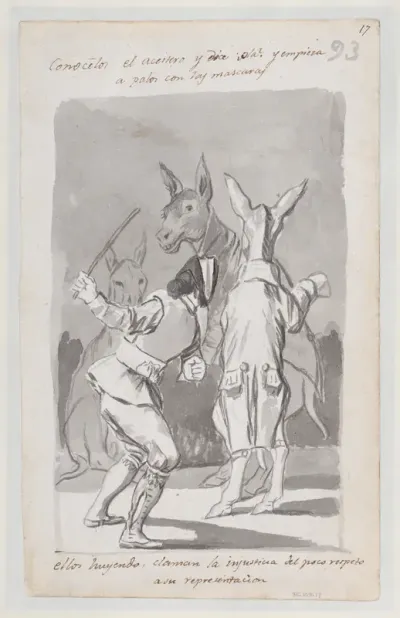 Masquerading asses being whipped; folio 93 (recto) from the Madrid Album "B"