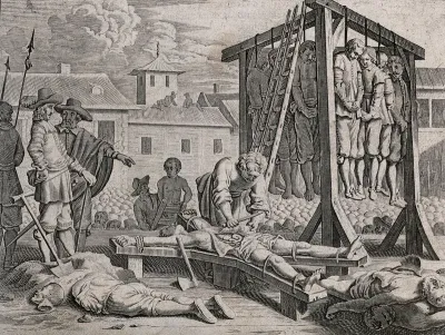 Mass executions on a scaffold before a crowd of spectators: a group of people is hanged together from a gibbet, while others are beheaded, crucified and disembowelled