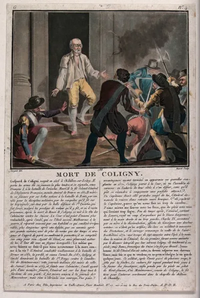 Massacre of Saint Bartholomew's Day: Gaspard de Coligny is stepping out of his house about to be killed by a marauding crowd