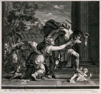 Massacre of the innocents: a woman kneels and pleads with a Roman soldier not to kill the infant he is holding down with his foot