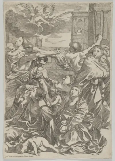 Massacre of the Innocents; group of women and children being attacked, two angels at upper left, after Reni