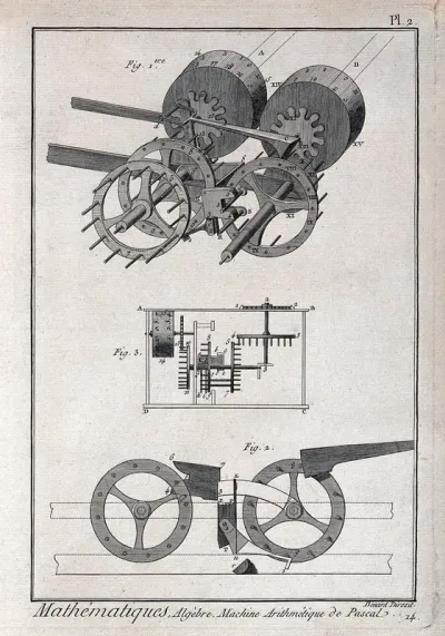 Mathematics: cutaway diagrams of the internal workings of Pascal's calculating machine