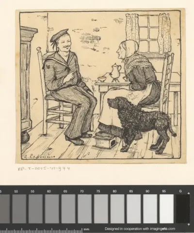 Matroos en oude vrouw in een interieur