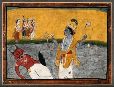 Matsya; avatar of Vishnu, Vishnu emerges from the mouth of a fish to kill the demon king Hayagriva