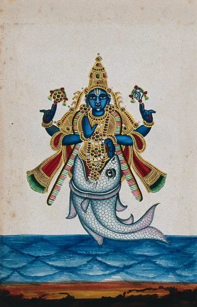 Matsya; Lord Vishnu in his avatar as a fish in order to save the world
