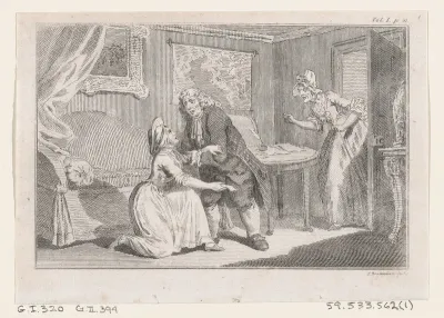 Matthew Bramble Offering Charity to the Ensign's Widow, an illustration from Tobias Smollett's "The Expedition of Humphry Clinker" (London, 1793), Vol. 1