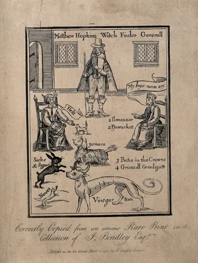 Matthew Hopkins, Witchfinder general, with two supposed witches calling out the names of their demons, some of which are represented by animals