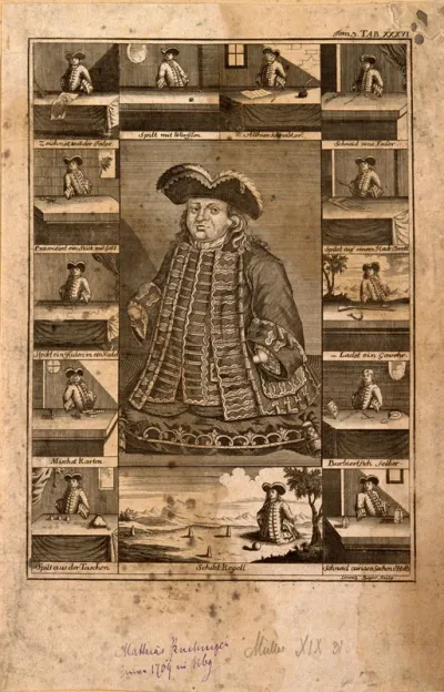 Matthias Buchinger, a phocomelic man, with thirteen scenes representing his performances