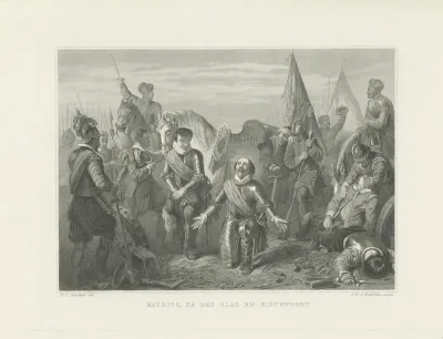 Maurits knielt na de overwinning bij de slag bij Nieuwpoort, 1600
