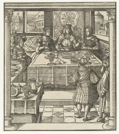 Maximiliaan zit aan tafel met twee vrouwen en ontvangt boodschapper