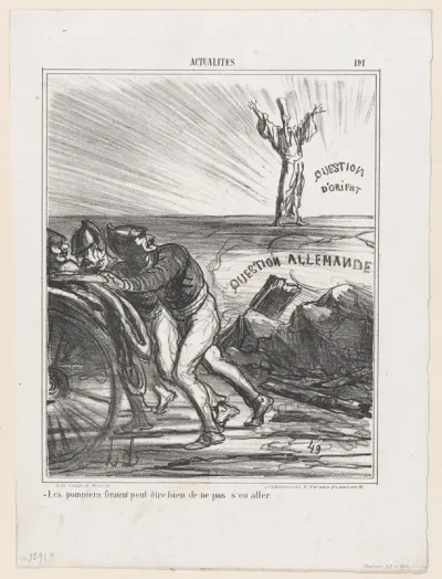Maybe the firemen really shouldn't leave just yet, from 'News of the day,' published in "Le Charivari"
