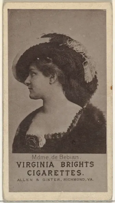 Mdme. de Bebian, from the Actresses series (N67) promoting Virginia Brights Cigarettes for Allen & Ginter brand tobacco products
