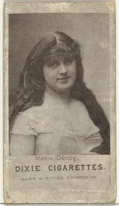 Mdme. Dency, from the Actresses series (N67) promoting Dixie Cigarettes for Allen & Ginter brand tobacco products